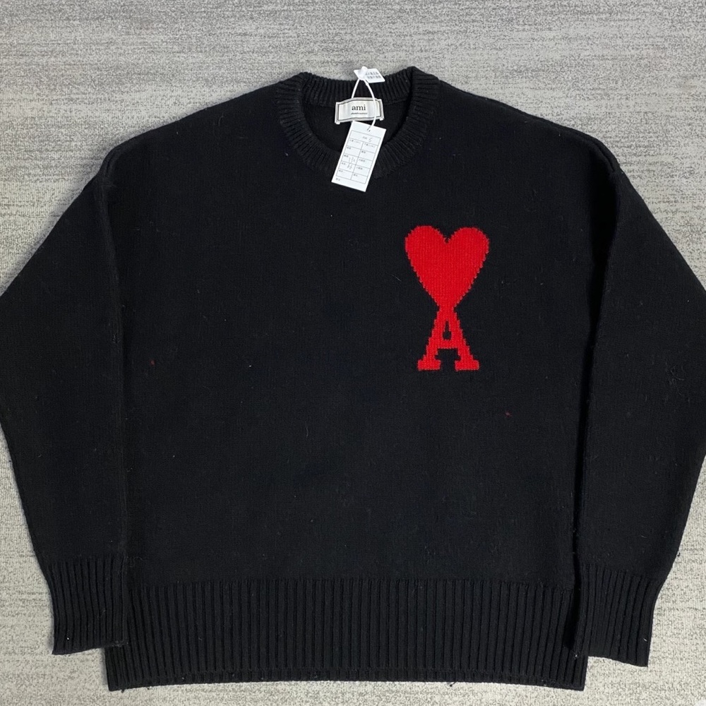 Ami Black Crewneck Sweater with Red Heart